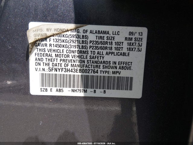 45647950 :رقم المزاد ، 5FNYF3H43EB002764 vin ، 2014 Honda Pilot Ex مزاد بيع