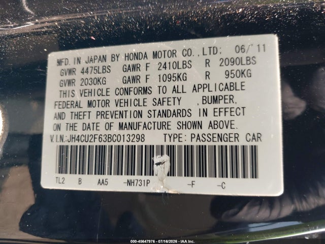 Продажа на аукционе авто 2011 Acura Tsx 2.4, vin: JH4CU2F63BC013298, номер лота: 45647976