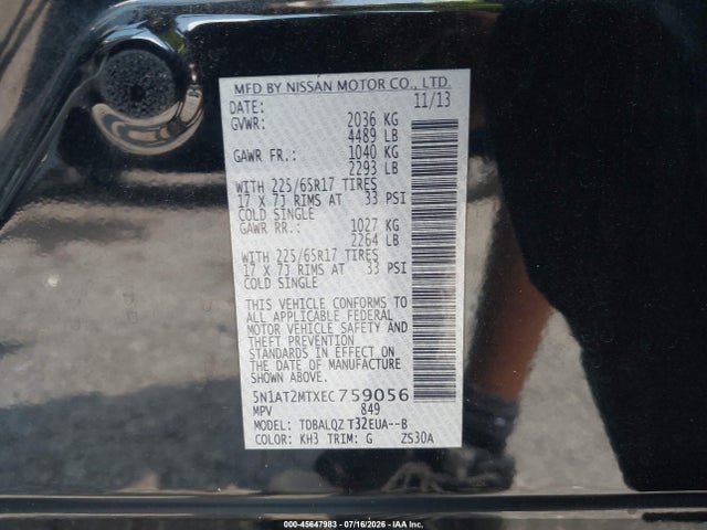 45647983 :رقم المزاد ، 5N1AT2MTXEC759056 vin ، 2014 Nissan Rogue Sv مزاد بيع