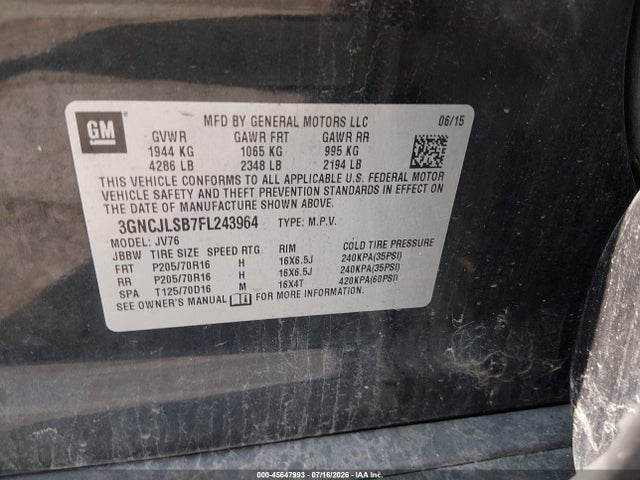 2015 Chevrolet Trax Lt მანქანა იყიდება აუქციონზე, vin: 3GNCJLSB7FL243964, აუქციონის ნომერი: 45647993