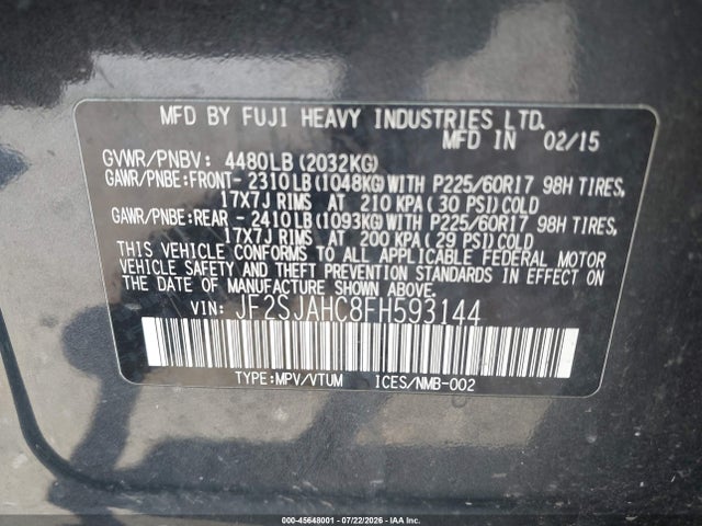 2015 Subaru Forester 2.5i Limited მანქანა იყიდება აუქციონზე, vin: JF2SJAHC8FH593144, აუქციონის ნომერი: 45648001