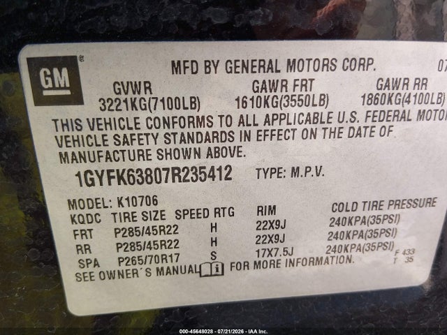 45648028 :رقم المزاد ، 1GYFK63807R235412 vin ، 2007 Cadillac Escalade مزاد بيع