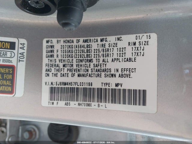 Продаж на аукціоні авто 2015 Honda Cr-v Ex, vin: 5J6RM4H57FL031198, номер лоту: 45648032