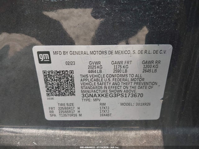 Aukcja sprzedaży 2023 Chevrolet Equinox Fwd Lt, vin: 3GNAXKEG3PS173670, numer aukcji: 45648033