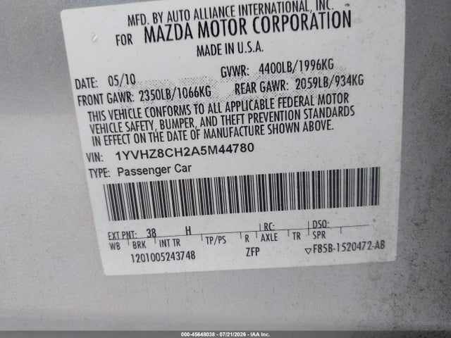 Продажа на аукционе авто 2010 Mazda Mazda6 I Touring, vin: 1YVHZ8CH2A5M44780, номер лота: 45648038