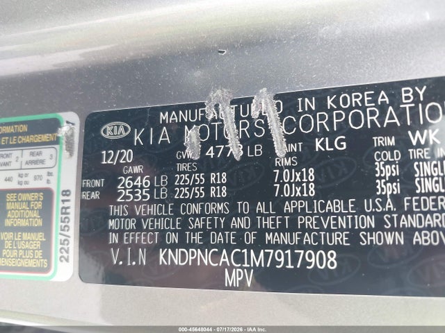 45648044 :رقم المزاد ، KNDPNCAC1M7917908 vin ، 2021 Kia Sportage Ex مزاد بيع
