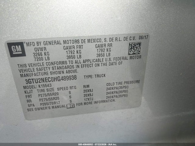 45648052 :رقم المزاد ، 3GTU2NEC0HG489938 vin ، 2017 Gmc Sierra 1500 Slt مزاد بيع
