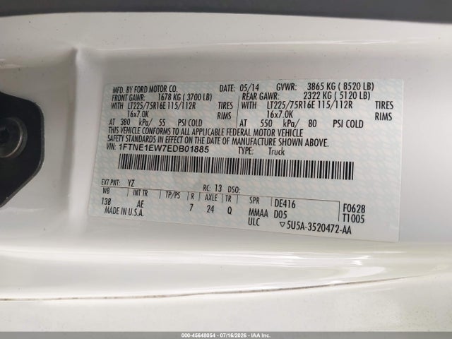 Auction sale of the 2014 Ford E-150 Commercial, vin: 1FTNE1EW7EDB01885, lot number: 45648054