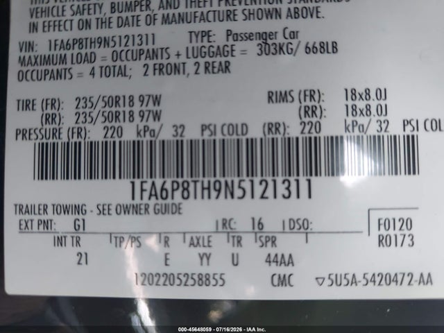 45648059 :رقم المزاد ، 1FA6P8TH9N5121311 vin ، 2022 Ford Mustang Ecoboost Fastback مزاد بيع