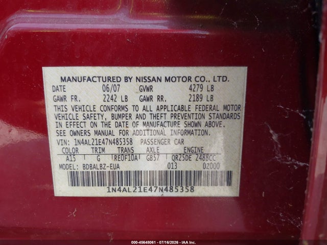 2007 Nissan Altima 2.5 S მანქანა იყიდება აუქციონზე, vin: 1N4AL21E47N485358, აუქციონის ნომერი: 45648061