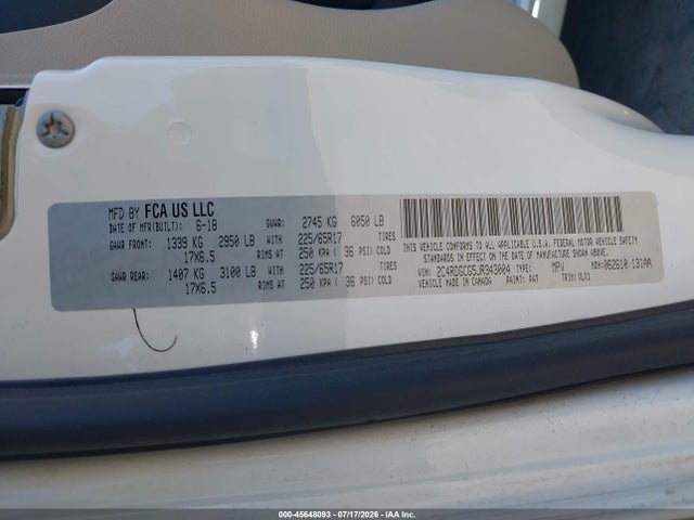45648093 :رقم المزاد ، 2C4RDGCG5JR343004 vin ، 2018 Dodge Grand Caravan Sxt مزاد بيع