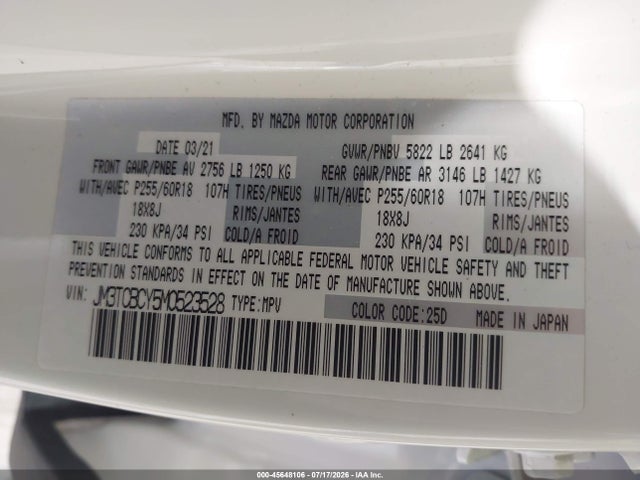 45648106 :رقم المزاد ، JM3TCBCY5M0523528 vin ، 2021 Mazda Cx-9 Touring مزاد بيع