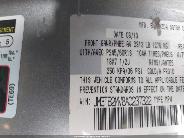 45648110 :رقم المزاد ، JM3TB2MV8A0237322 vin ، 2010 Mazda Cx-9 Touring مزاد بيع