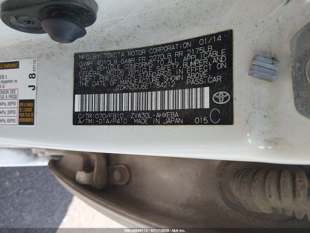 45648112 :رقم المزاد ، JTDKN3DU6E1784212 vin ، 2014 Toyota Prius Three مزاد بيع