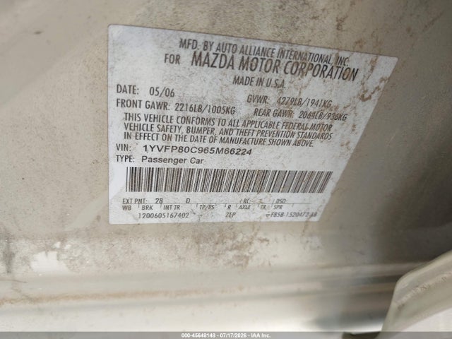 Aukcja sprzedaży 2006 Mazda Mazda6 I, vin: 1YVFP80C965M66224, numer aukcji: 45648148