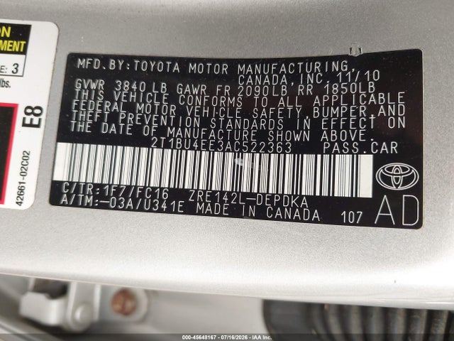 Продажа на аукционе авто 2010 Toyota Corolla Le, vin: 2T1BU4EE3AC522363, номер лота: 45648167