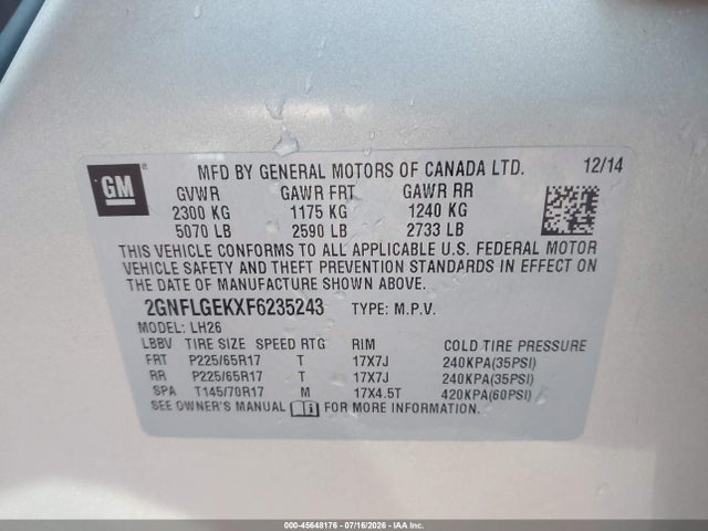 Продаж на аукціоні авто 2015 Chevrolet Equinox Lt, vin: 2GNFLGEKXF6235243, номер лоту: 45648176