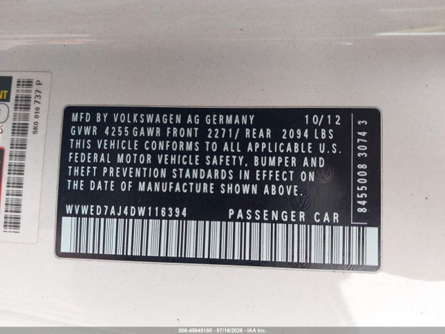 2013 Volkswagen Gti 2-door მანქანა იყიდება აუქციონზე, vin: WVWED7AJ4DW116394, აუქციონის ნომერი: 45648180