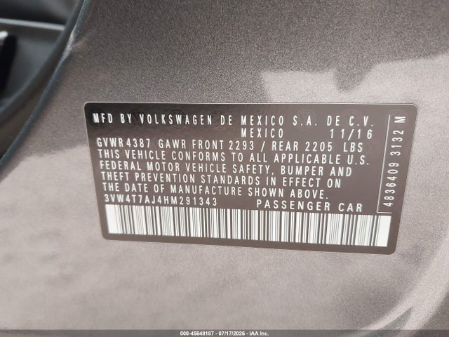 Продажа на аукционе авто 2017 Volkswagen Jetta Gli, vin: 3VW4T7AJ4HM291343, номер лота: 45648187