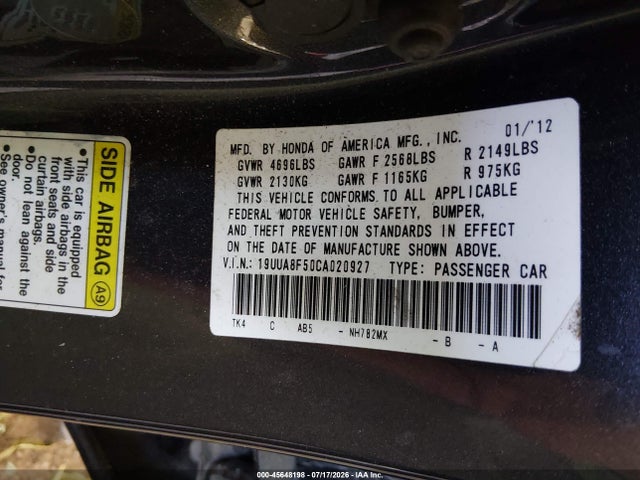 Auction sale of the 2012 Acura Tl 3.5, vin: 19UUA8F50CA020927, lot number: 45648198