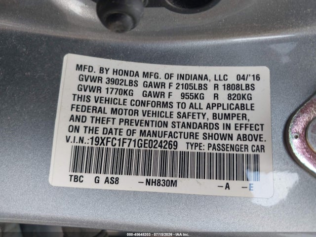 Aukcja sprzedaży 2016 Honda Civic Ex-l, vin: 19XFC1F71GE024269, numer aukcji: 45648203