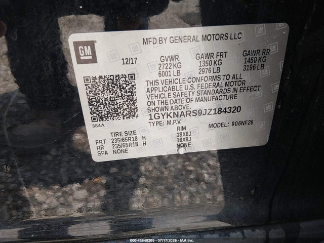 2018 Cadillac Xt5 Standard მანქანა იყიდება აუქციონზე, vin: 1GYKNARS9JZ184320, აუქციონის ნომერი: 45648205