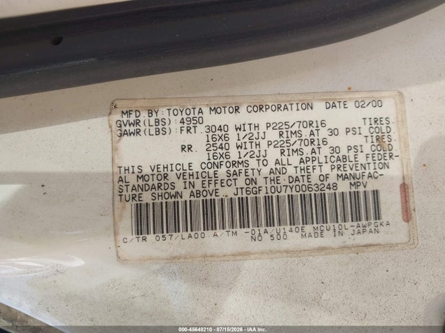 45648210 :رقم المزاد ، JT6GF10U7Y0063248 vin ، 2000 Lexus Rx 300 مزاد بيع
