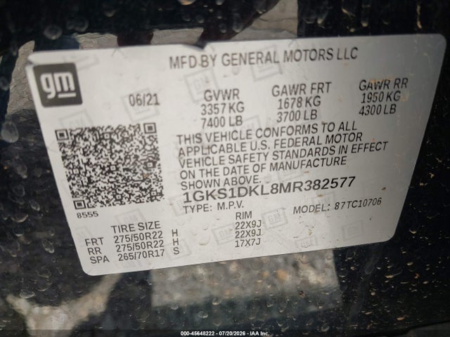45648222 :رقم المزاد ، 1GKS1DKL8MR382577 vin ، 2021 Gmc Yukon 2wd Denali مزاد بيع