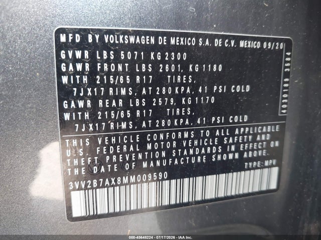 Aukcja sprzedaży 2021 Volkswagen Tiguan 2.0t Se/2.0t Se R-line Black/2.0t Sel, vin: 3VV2B7AX8MM009590, numer aukcji: 45648224
