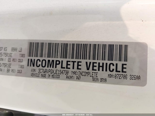 Продажа на аукционе авто 2018 Ram Promaster 2500 Window Van High Roof 159 Wb, vin: 3C7WRVPGXJE154730, номер лота: 45648241