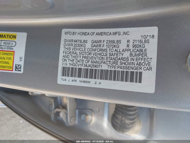 45648242 :رقم المزاد ، 1HGCV1F34JA254071 vin ، 2018 Honda Accord Sport مزاد بيع