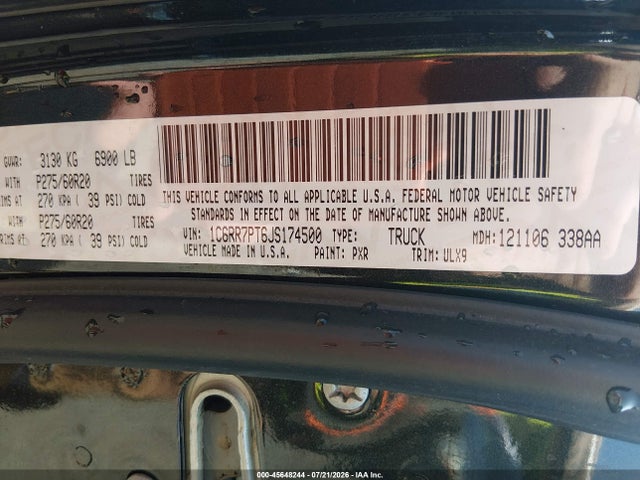 Aukcja sprzedaży 2018 Ram 1500 Limited  4x4 5'7 Box, vin: 1C6RR7PT6JS174500, numer aukcji: 45648244