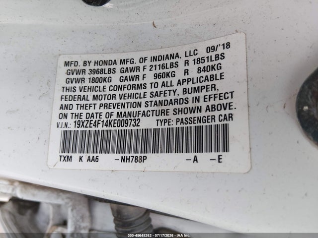 Продажа на аукционе авто 2019 Honda Insight Lx, vin: 19XZE4F14KE009732, номер лота: 45648262