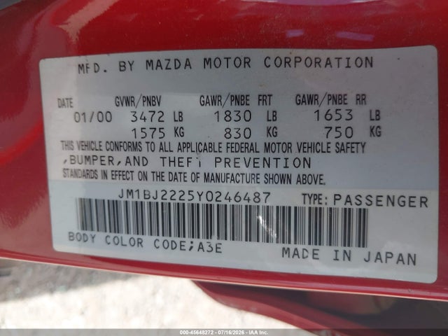 Aukcja sprzedaży 2000 Mazda Protege Dx/lx, vin: JM1BJ2225Y0246487, numer aukcji: 45648272