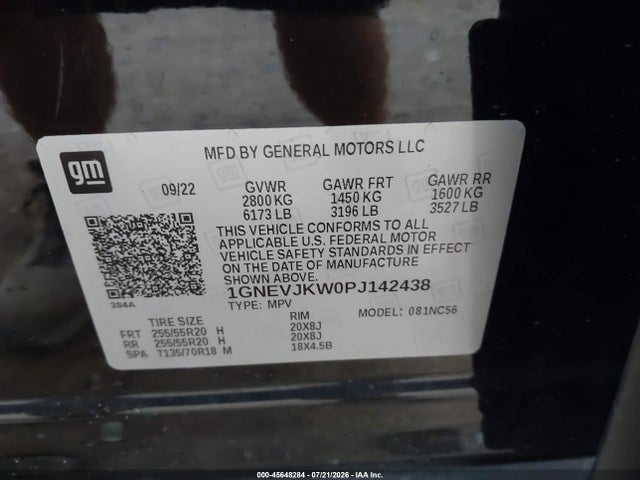 45648284 :رقم المزاد ، 1GNEVJKW0PJ142438 vin ، 2023 Chevrolet Traverse Awd Rs مزاد بيع