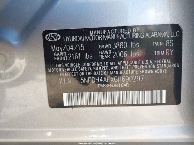 45648287 :رقم المزاد ، 5NPDH4AEXGH690297 vin ، 2016 Hyundai Elantra Value Edition مزاد بيع