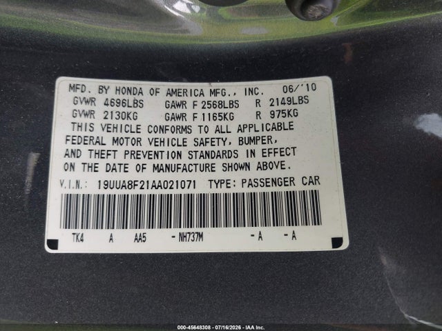 45648308 :رقم المزاد ، 19UUA8F21AA021071 vin ، 2010 Acura Tl 3.5 مزاد بيع