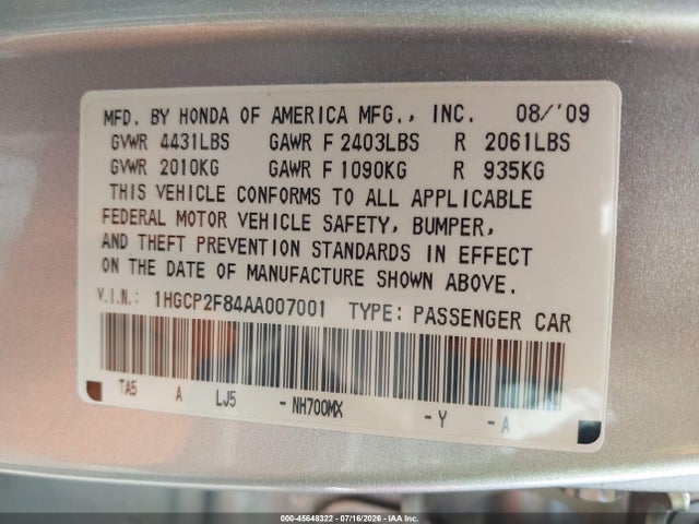 45648322 :رقم المزاد ، 1HGCP2F84AA007001 vin ، 2010 Honda Accord 2.4 Ex-l مزاد بيع