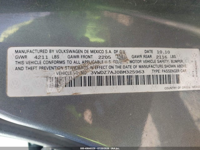 45648328 :رقم المزاد ، 3VWDZ7AJ0BM325963 vin ، 2011 Volkswagen Jetta 2.5l Se مزاد بيع
