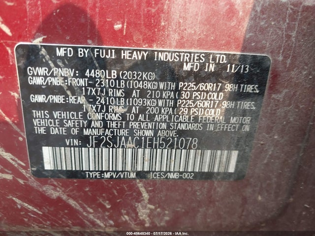 45648340 :رقم المزاد ، JF2SJAAC1EH521078 vin ، 2014 Subaru Forester 2.5i مزاد بيع