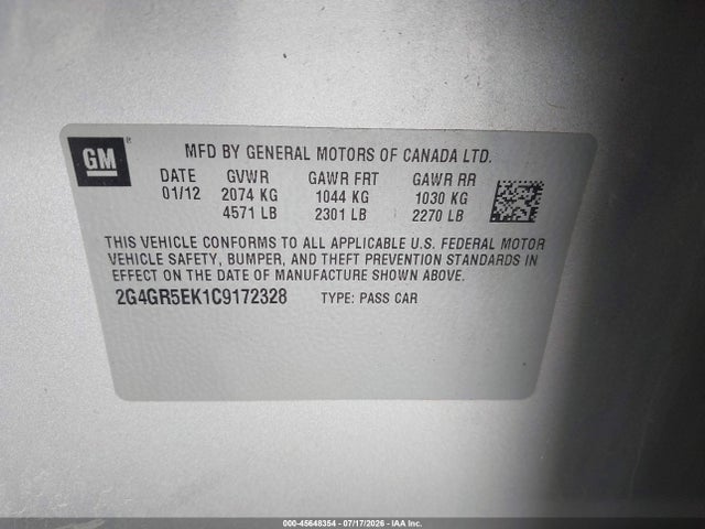 45648354 :رقم المزاد ، 2G4GR5EK1C9172328 vin ، 2012 Buick Regal مزاد بيع