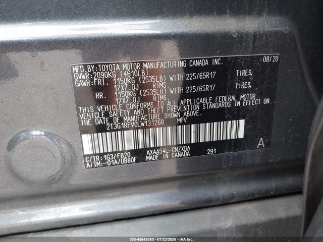 Продаж на аукціоні авто 2020 Toyota Rav4 Le, vin: 2T3G1RFV0LW131268, номер лоту: 45648360
