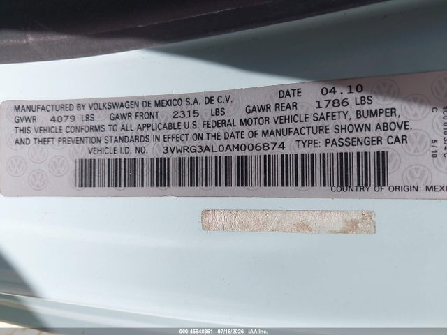 Продаж на аукціоні авто 2010 Volkswagen New Beetle 2.5l Final Edition, vin: 3VWRG3AL0AM006874, номер лоту: 45648361