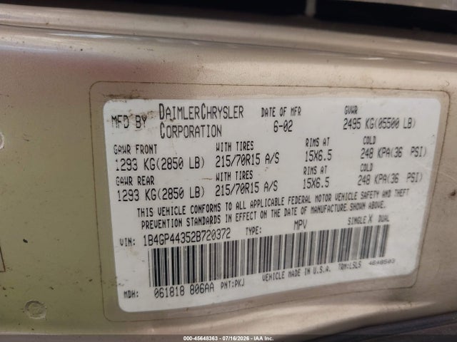 Продажа на аукционе авто 2002 Dodge Grand Caravan Sport, vin: 1B4GP44352B720372, номер лота: 45648363
