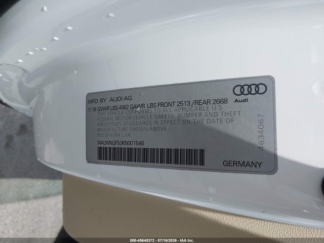 Aukcja sprzedaży 2019 Audi A5 45 Premium, vin: WAUWNGF50KN001546, numer aukcji: 45648372
