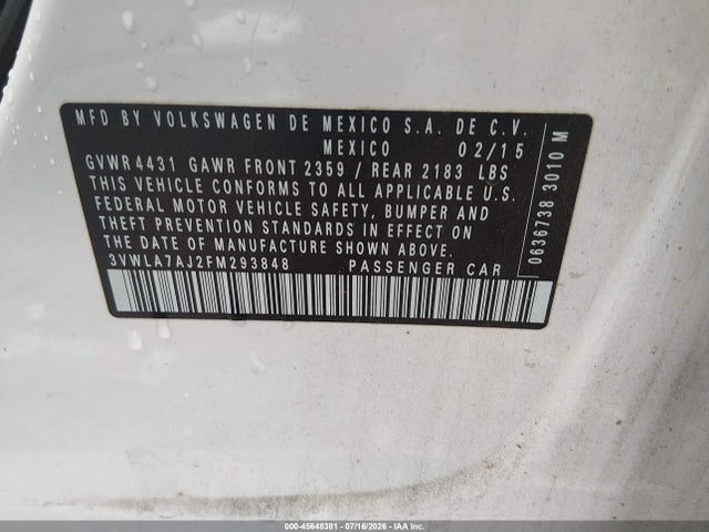 Продажа на аукционе авто 2015 Volkswagen Jetta 2.0l Tdi S, vin: 3VWLA7AJ2FM293848, номер лота: 45648381