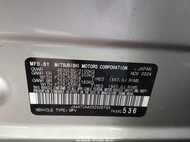 Продаж на аукціоні авто 2025 Mitsubishi Eclipse Cross Le S-awc/ralliart S-awc, vin: JA4ATVAA0SZ006793, номер лоту: 45648392