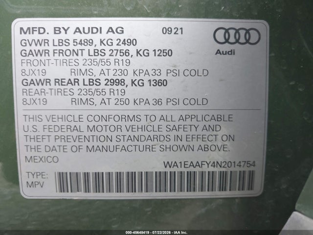 Продаж на аукціоні авто 2022 Audi Q5 Premium Plus 45 Tfsi S Line Quattro S Tronic, vin: WA1EAAFY4N2014754, номер лоту: 45648419