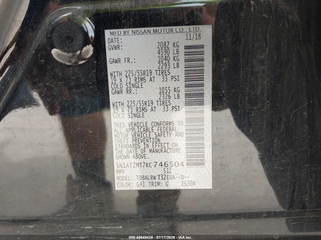 Продаж на аукціоні авто 2019 Nissan Rogue Sl, vin: 5N1AT2MT7KC746504, номер лоту: 45648428