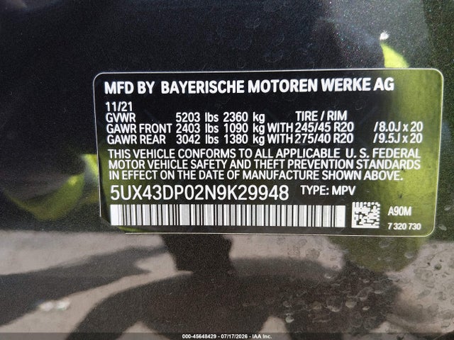 45648429 :رقم المزاد ، 5UX43DP02N9K29948 vin ، 2022 Bmw X3 Sdrive30i مزاد بيع